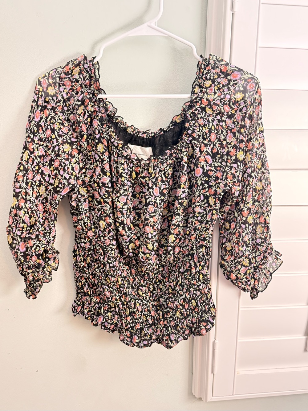 Anthropologie Black Floral Smocked Peasant Blouse